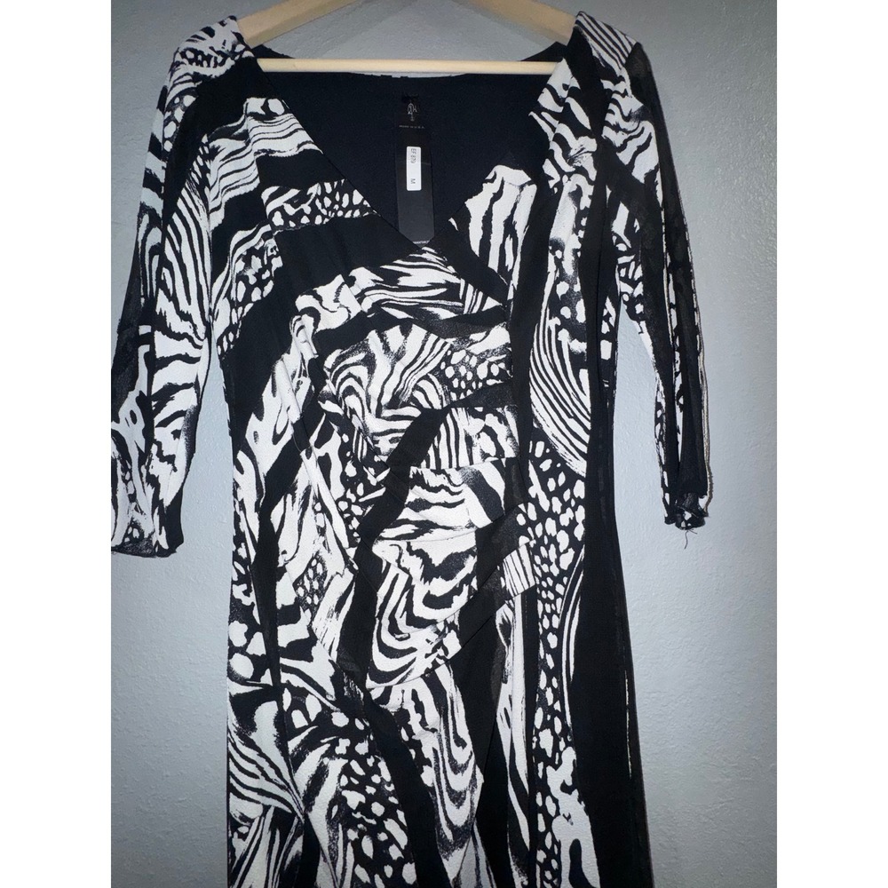 Elana Kattan Black White Abstract Animal Print Ruched Mesh Sleeve Dress M NWT - Picture 2 of 7